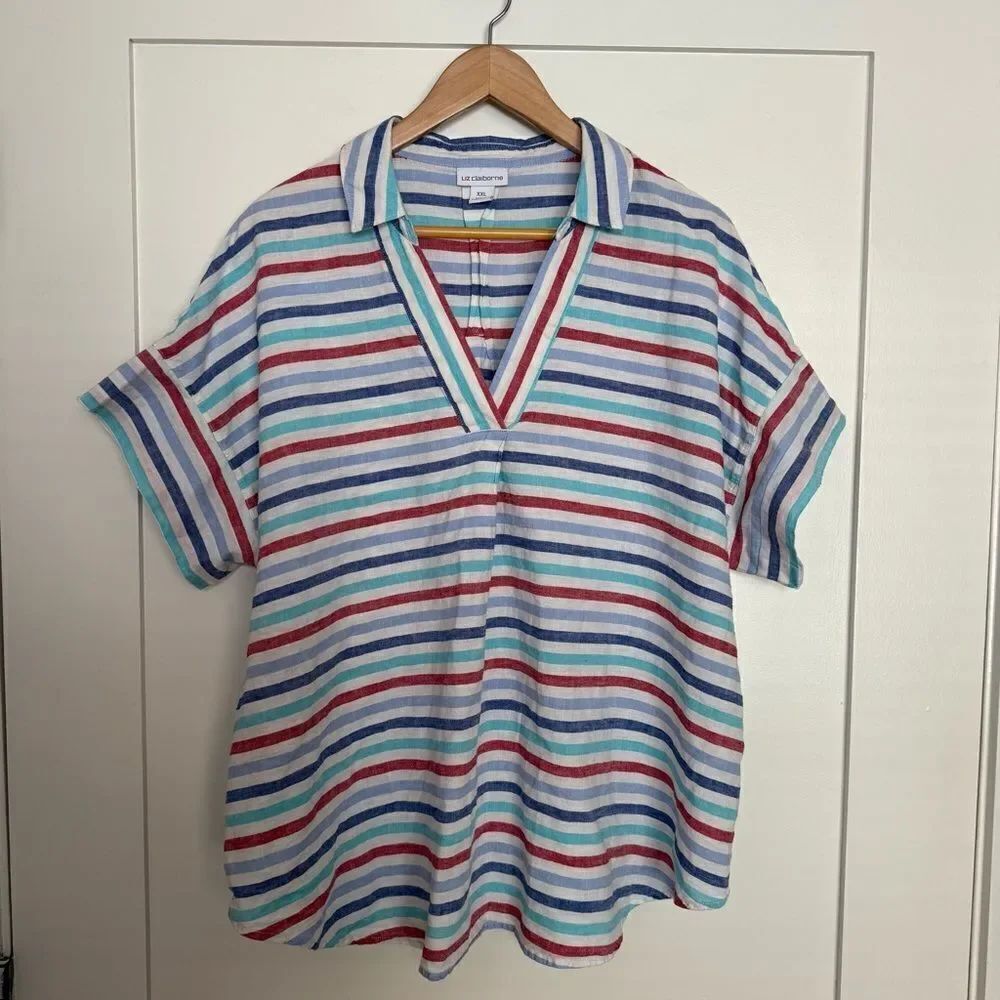 Liz Claiborne Top Womens Size XXL Striped Linen Cotton Beach Coastal Nautical